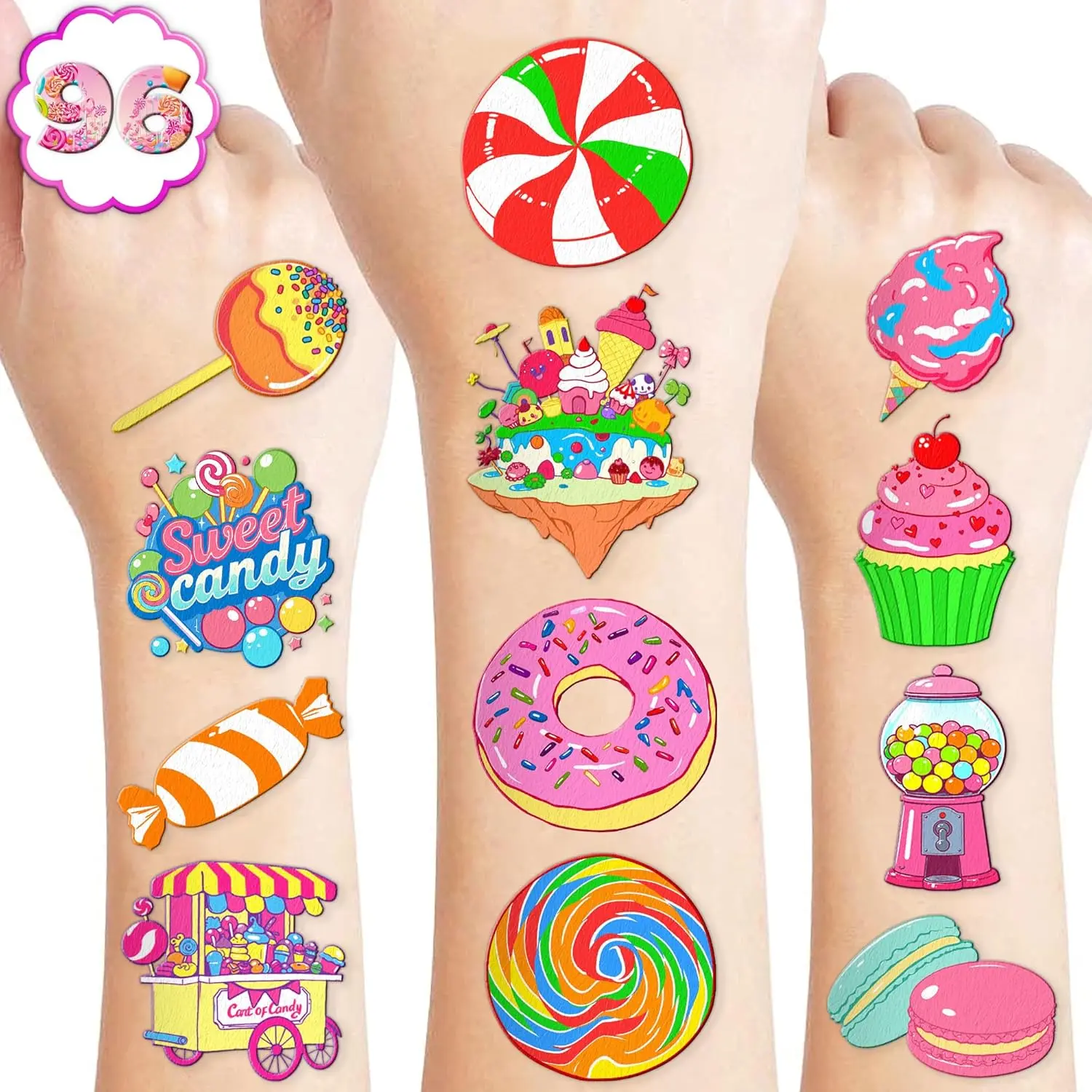 96 PCS Candy Candyland Lollipop Pre-Cut Temporary Tattoos for Kids | Super Cute Themed Birthday Party Favors, Supplies, Decorations, Fake Tattoo Stickers, School Rewards Prizes & Gifts Boys & Girls