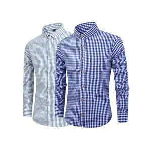 2-Pack Men’s Pure Cotton Plaid Casual Long Sleeve Shirts – Blue and White Check Pattern, Buttoned Collar, Machine Washable, Perfect for Casual Wear, Comfortable Everyday Wear