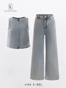 Elengatine Viral Denim Two Piece Set for Women | Sleeveless Crop Top & High Waist Wide Leg Jeans Outfit | Soft Washed Denim, Relaxed Fit & Flattering Silhouette | Inclusive  | Effortless Chic Matching Set | Perfect for Spring Summer, Daily Wear BTN128,sum