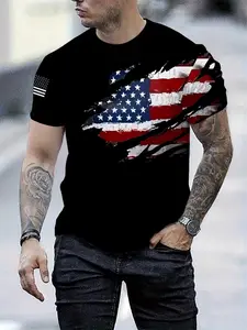 Men's American Vintage Flag Print Short Sleeve Shirt, Street Style Casual Round Neck Top, Slim-Fitting All over Print Tee