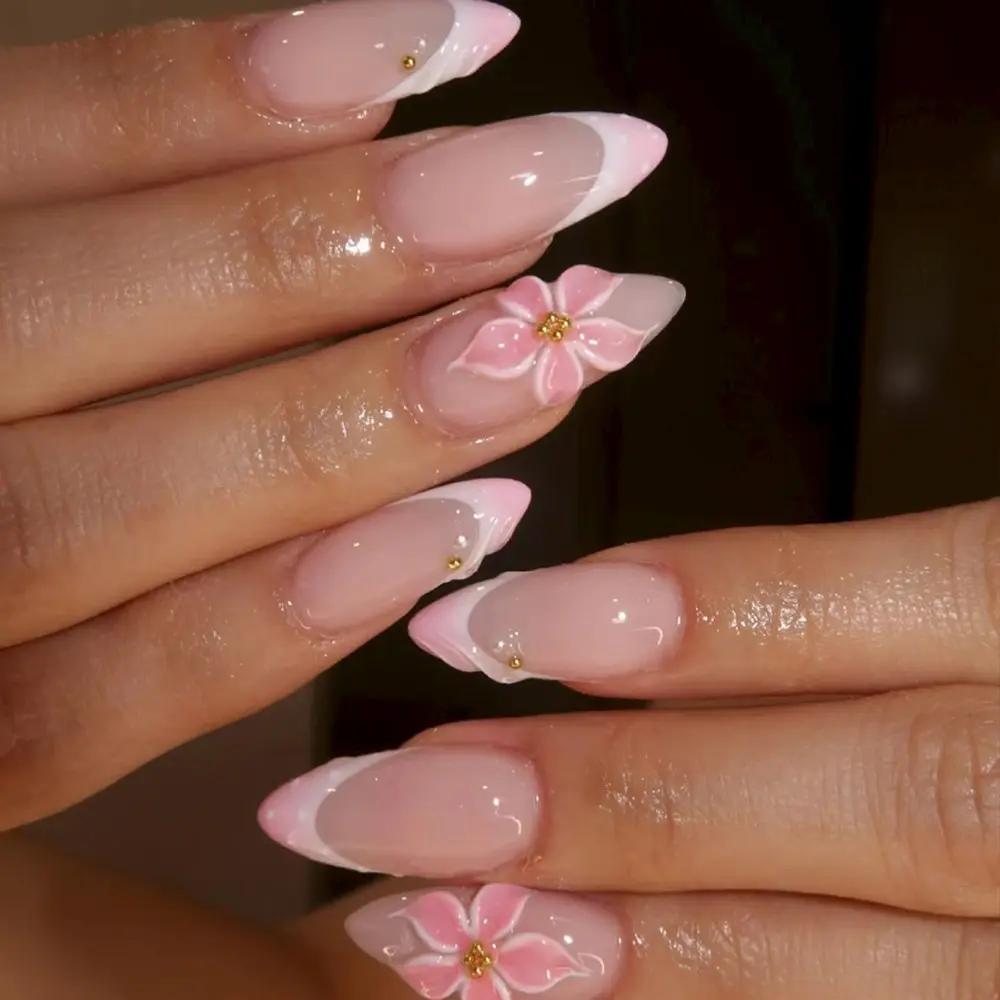 24pcs Spring Limited Sakura 3D DIY Nail Art Design, Gradient French Style, Reusable Almond Nail Tips, Easy Wear, Nail Art Supplies, Perfect for Spring Outings & Photoshoots, DIY Nails Art