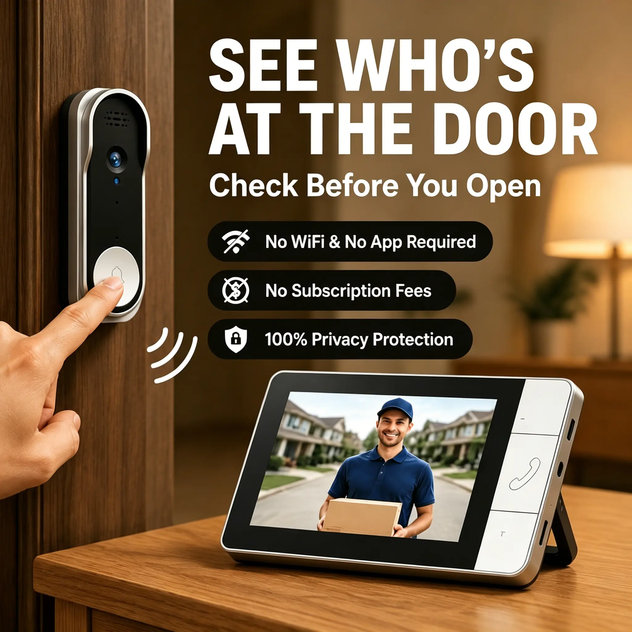 NT601 Wireless Video Doorbell with Monitor, HD Camera, Two-Way Audio, No App Needed, No Monthly Fees, Night Vision, Easy Setup, Plug & Play,