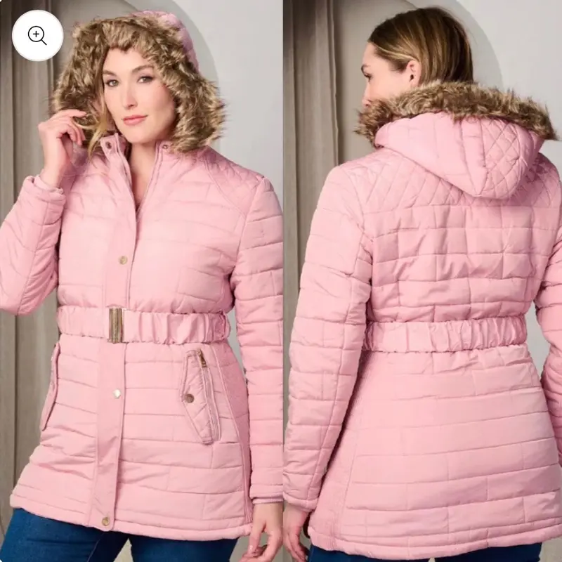 Pink Puffer Coat Plus Size 1x with Hood, Zip Up Pockets, Soft Pink Color, Functional Winter Jacket for Women - Womenswear Outerwear Comfort Long Sleeve Casual Fitted