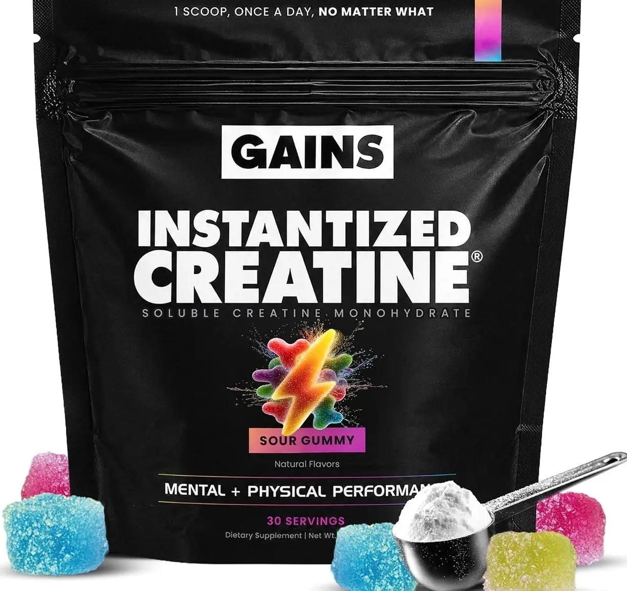 Gains in Bulk Instantized Creatine Monohydrate for Men & Women, Soluble Pre Workout Powder, Supports Muscle Building, Strength and Performance, Bodybuilding Supplements, Sour Gummy, 30 Servings