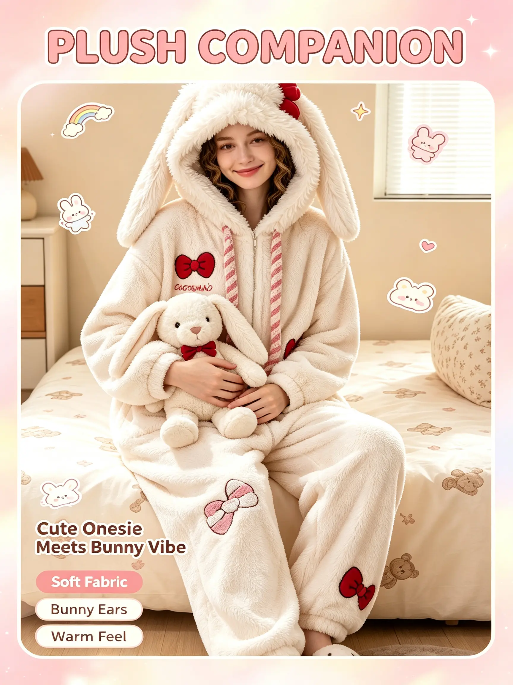 Women's Plush Bunny Onesie Pajamas - 3D Hood, Bow Accents, Soft Fabric, Comfortable, All-Season, Warm Cozy Loungewear Nightwear with Bunny Ears