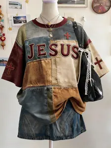 Vintage Patchwork Pattern Streetwear Fitted Classic T-Shirt, Vibrant Colors, Comfortable Wear, Jesus Cross Faith Design, Round Neck, Casual Daily Wear