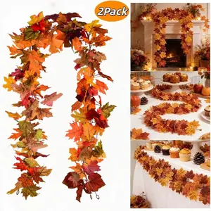 11.6Ft Artificial Plastic Fall Maple Leaves Garland (2Pcs*5.8Ft) - Thanksgiving Decor Gift for Autumn Mantle, Table, Indoor Outdoor Home Orange Decorations