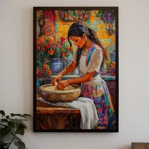 Mexican Girl Cooking Canvas Print, Kitchen Wall Art M