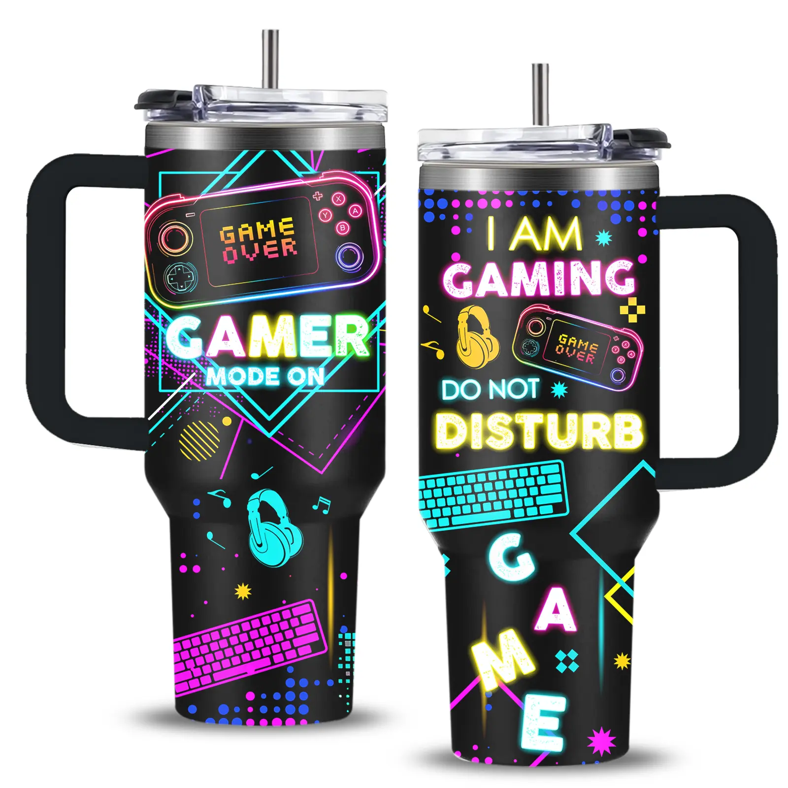 Loving Game 40oz (1,000-2,000 ml) Insulated Tumbler - Leak-Proof Explosion-Proof Anti-Scalding Stainless Steel Vacuum Flask, Drinkware with Handle & Straw, Gaming Print Gift for Gamer Boyfriend
