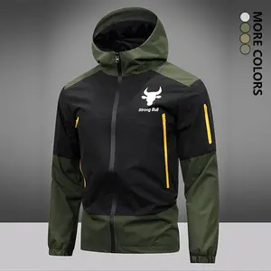Men's plus size windproof hooded jacket - patch design, bull's head letter print, loose fit, fully zippered closure, multiple pockets, polyester lining, suitable for spring, autumn, outdoor sports, running, casual wearRAIMENTRY