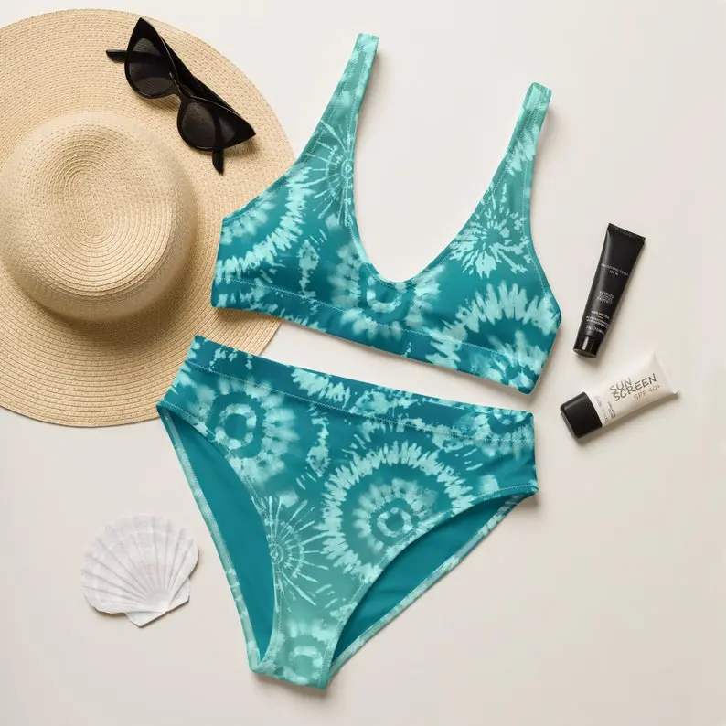 Teal bikini, Tie Dye Bikini, Teal Swimsuit, High Waisted Swimsuit, Womens Bikini, Womens Swimwear, Two piece swimsuit, Vacation Bathing Suit