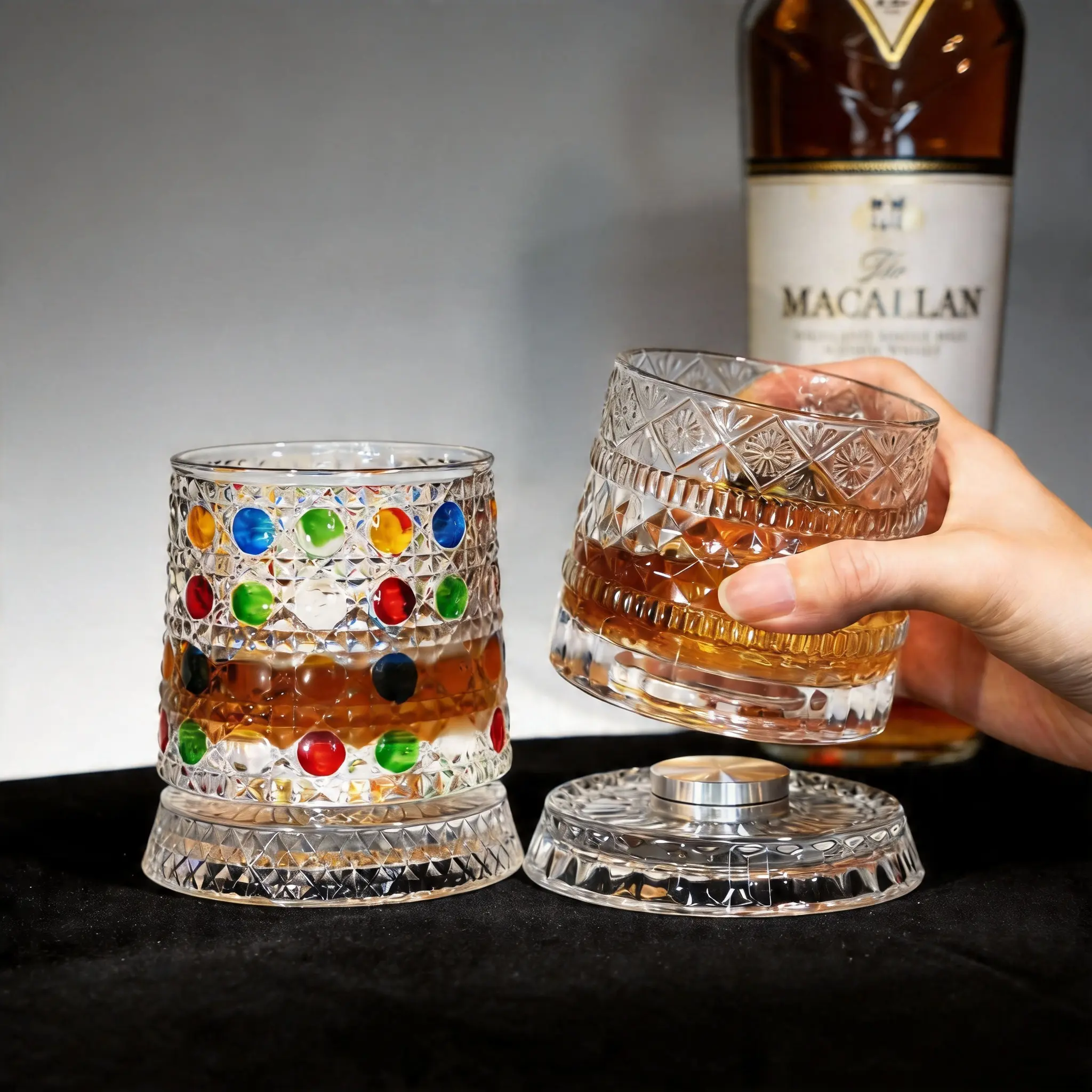 Rotating Crystal Whiskey Glass with FREE LED Light Up Coaster, Premium Spinning Old Fashioned Tumbler For Scotch Bourbon Cocktail Home Bar Drinkware