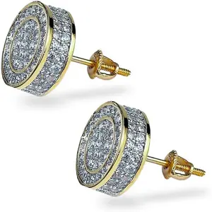 Screw Back Earrings 14K Golden Plated 5A+ Cubic Zirconia Cluster Round Screw On Stud Earrings For Men Women