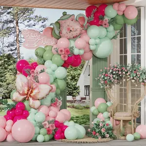 Floral  Party Decorations 151 count Pink Green Let's Partea Balloon Arch Garland Kit with Teapot Butterfly Balloons for Spring Talking Party  Themed Birthday  Shower Wedding Mother's Day