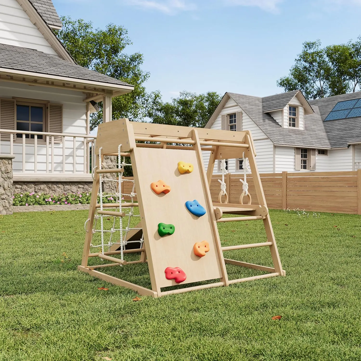GARVEE 8-in-1 Multi-Functional Wooden Jungle Gym Playground Equipment, Toddler-Friendly Indoor-Outdoor Outdoor Play Set for Kids Ages 1-8 with Swing, Slide, Monkey Bars, Rock Climbing Wall, Rope Wall, Ladder, Climbing Net, Natural Wood, Outdoor Play Sets
