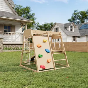 8-in-1 Wooden Jungle Gym for Kids – Child-centered Indoor & Outdoor Playground with Swing, Slide, Monkey Bars, Rock Climbing Wall, Rope Wall, Ladder, Climbing Net – Toddler Climbing Playset – Natural Wood for Ages 1-8