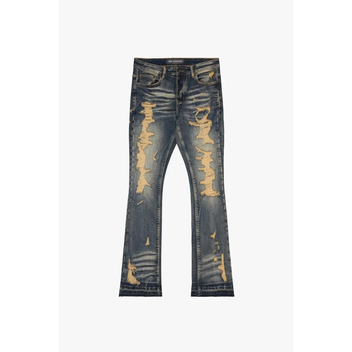Women's Streetwear Stacked Flare Jeans, Long Bootcut Denim in a Dark Vintage Wash with Tearaway Distressing and a Grunge Rock and Roll Aesthetic, Bottoms, Alternative Style, Grunge Aesthetic, Stacked Jeans, Belt Loops, Alt Style Jeans