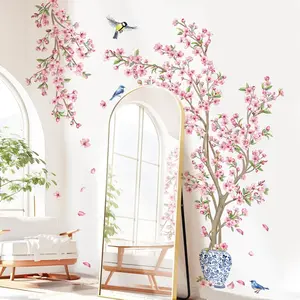 Cherry Tree Wall Sticker, Hanging Flower Branches, Bird Wall Sticker, Suitable for Living Room, Bedroom, TV Background