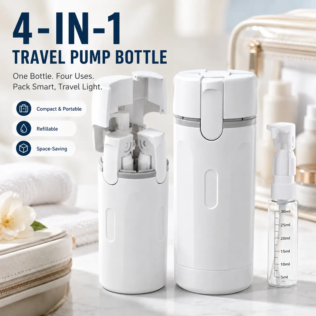 4-In-1 Leakproof Seal Travel Cosmetic Pump Canister - Lightweight Portable Travel & Perfume Bottle with 4 Separate Vials for Shampoo, Lotion, Toner, Body Milk, Cologne, Space-Saving Squeeze-Resistant Durable Toiletry Container for Camping Makeup Storage