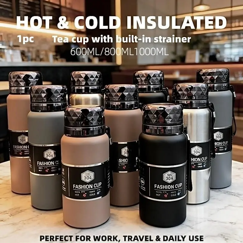 600ml/1000ml Large Capacity Reusable Vacuum Insulated Double Wall Stainless Steel Thermos Bottle, Drinkware Vacuum Flask, Insulated Water Bottle, with Tea Infuser, Leakproof Portable Tea Mug, 12H Hot & 24H Cold, for On-the-Go, Office, Outdoor & Travel