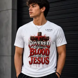 LAVIVA Sports Covered by the Blood of Jesus T-Shirt - White Tee with Cross Design