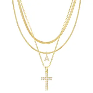 3PCS Initial Cross Necklace Set – A-Z Letter Pendant & Rhinestone Cross Layered Chains for Women Men, Personalized Stainless Steel Hip Hop Jewelry, Trendy Stackable Gift Necklace