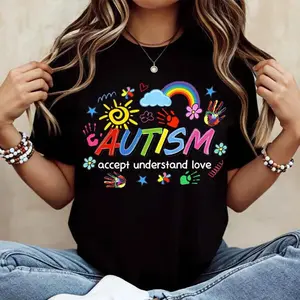 Autism Accept Understand Love Rainbow Sun Cloud Puzzle Pieces Handprints Flowers Stars Printed T-Shirt Crewneck Casual Wear For Autism Awareness And Support