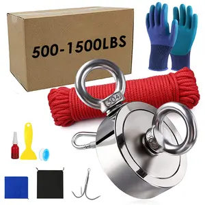 Strong Neodymium Fishing Magnets Pulling Force Rare Earth Magnet Kits, Double Sided Magnet Fishing for River Retrieving with Countersunk Hole Eyebolt, Carabiner and 66FT Rope