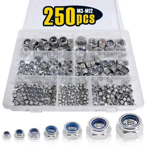 250 Pcs Lock Nuts, Metric Nut Assortment Kit, Nylon Insert Lock Sets, Stainless Steel Standard Threaded Nylock Nuts