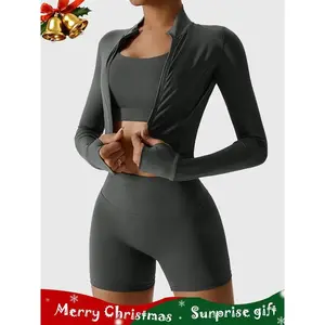 Women's solid color sportswear set, high elasticity long sleeved thumb hole design zipper sportswear summer set, elegant gym set, gym workout suit, sports fitness suit, casual sportswear, sports suit, yoga sportswear setRAIMENTRY