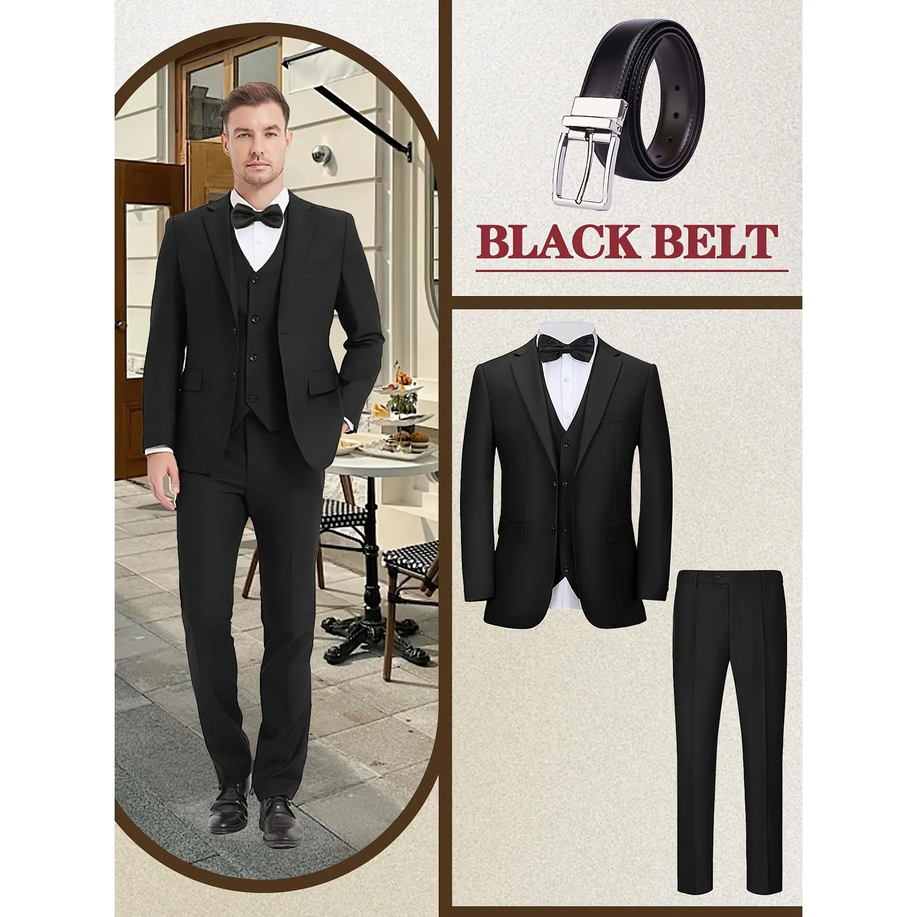 Men's Stylish 4-Piece Formal Suit Set - Regular Fit Solid Polyester-Rayon Menswear, Wedding & Business Ready, Includes Blazer, Vest, Pants, Long Sleeve Shirt & Belt, Button-Detailed Tops, Basics