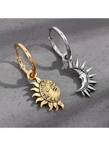 Asymmetrical Vintage Sun and Moon Earrings | Striking color contrast between golden sun and silver moon, a bold fusion of retro mythological aesthetics and street-style design