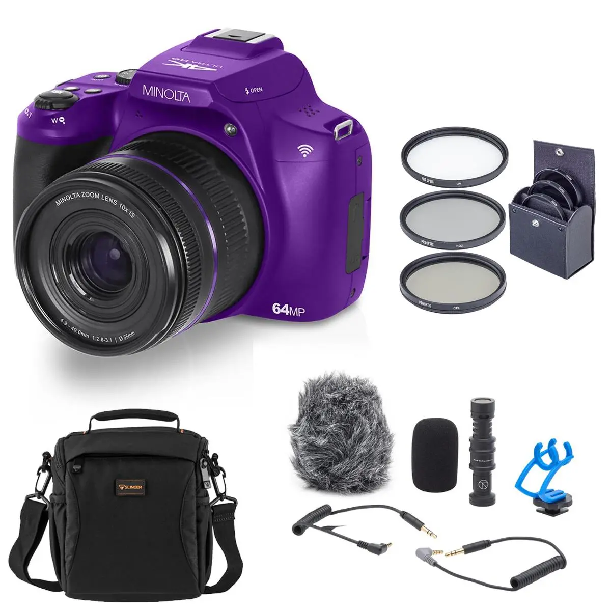 Minolta MNB10Z 64MP Sensor Point & Shoot Digital Camera - 10x Optical, 3.0" LCD, Wi-Fi Enabled, Purple, Bundle with Shotgun Microphone, 49mm Filter Kit, Shoulder Bag