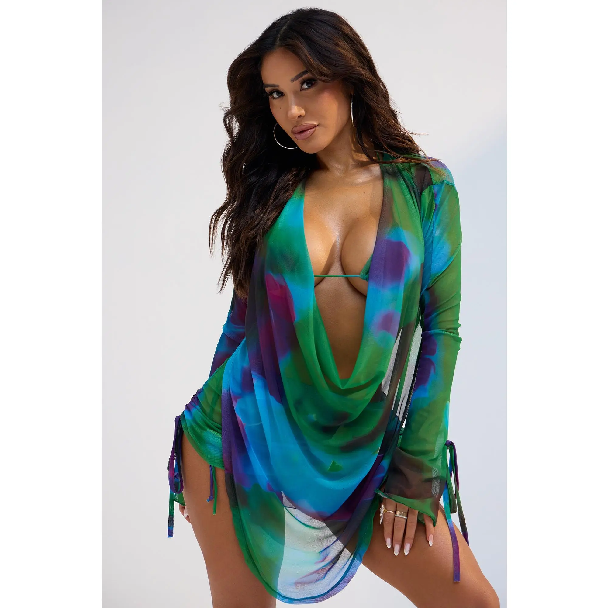 Summer Muse Cowl Neck Mesh Cover Up Mini Skirt Set - Green/combo