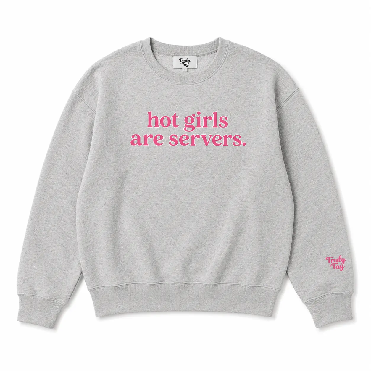 Hot Girls Are Servers Sweater - Grey Cotton Knitwear with Pink Embroidery, Comfortable Style for Women