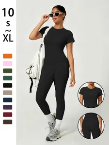 Women's High Waist Leggings & Soft Round Neck Short Sleeve Top Set, Sweatsuit Set, Comfortable Daily Wear for Home & Sport, Fitness Outfits, Workout Summer Clothes, 2-Piece