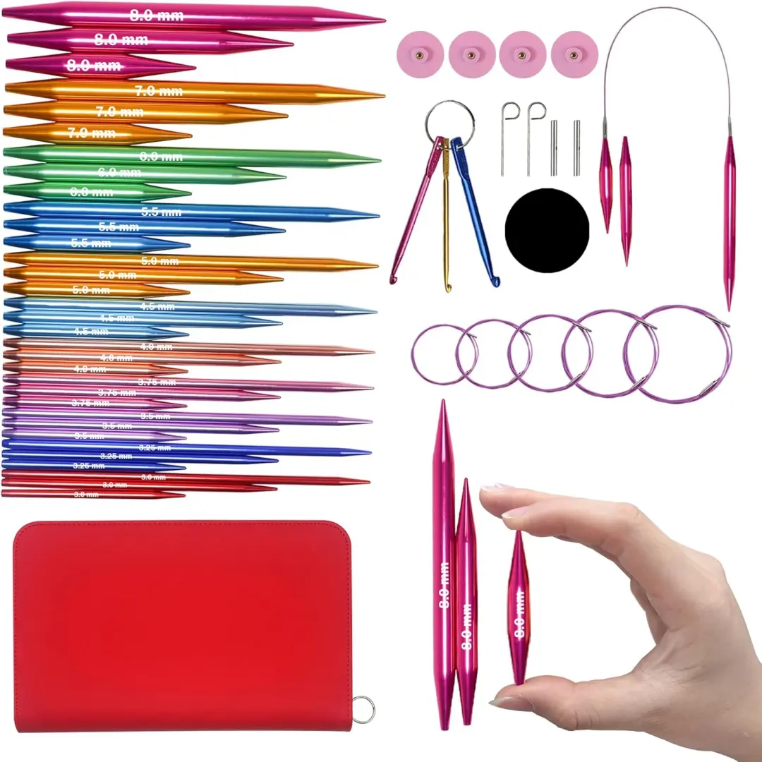 Multicolored Interchangeable Aluminum Circular Knitting Needles Set for Crafts - 11 Pairs (3.0~8.0mm), 5 Cables, with Storage Case
