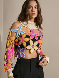 Women's Bohemian Chic Colorful Floral Crochet Hollow Out Shoulder Short Fitted Knit Sweater, Long Sleeve Design, Sexy Style Top