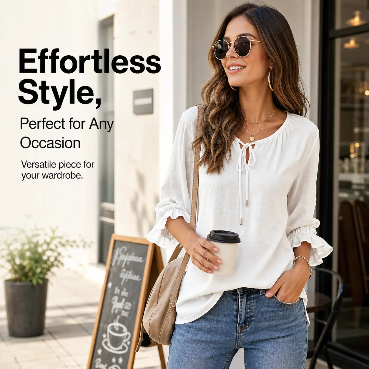 Women's Solid Tie V-Neck Ruffle Flare 3/4 Sleeve Loose Curved Hem Lightweight Linen-Look Crinkle Fabric Cowl Accent Adjustable Feminine Hip Elegant Casual Daily Blouse Top