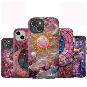 Pink Celestial Sun Moon Stars and Stars Clouds Phone Case, Faux Stained Glass Aesthetic For iPhone