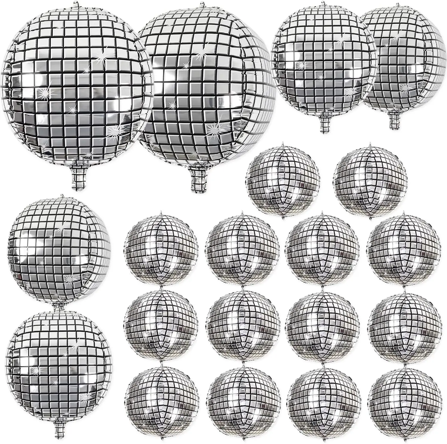 Reflective 4D Metallic Silver Mylar Disco Ball Balloons, 20Pcs Assorted Round Sizes (32in, 22in, 10in) for 70s-80s Themed Party Decor Supplies, Birthday Celebrations