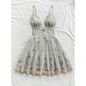 Women's Summer Vacation Lace Patchwork Strap Hollow Out A-Line Backless Embroidered Mini Dress HD3094112 Polyester Fiber Elegant V-neck Suspender Skirt