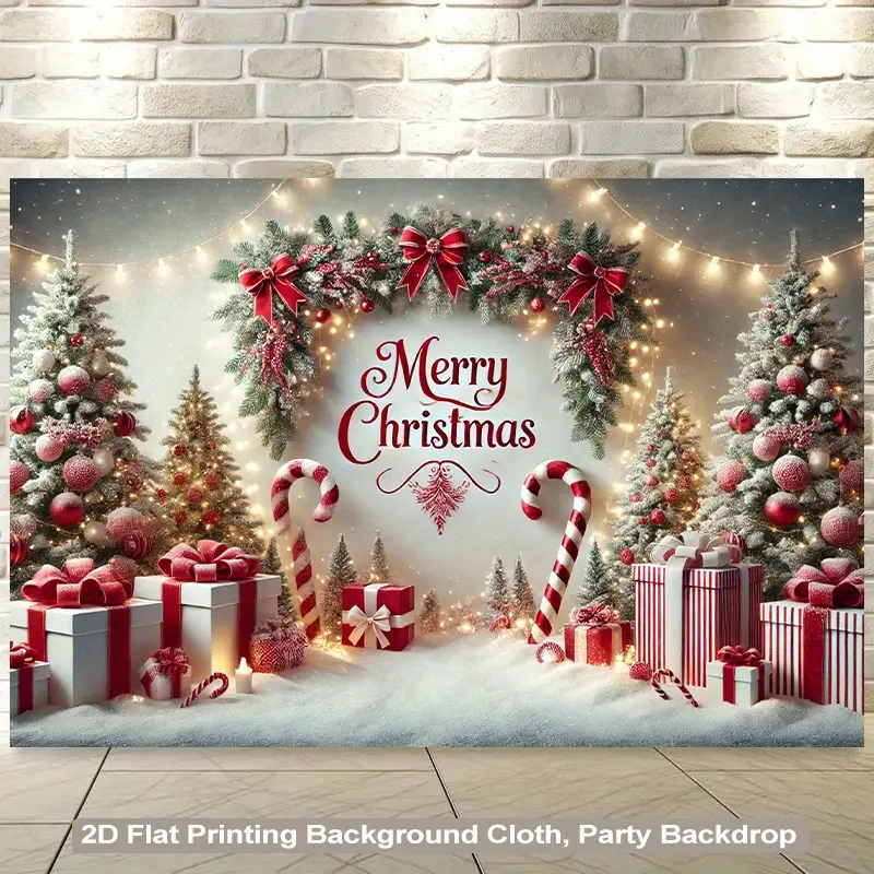 1PC Cozy Look Flat Shape Printed Polyester Christmas Wall Hanging Banner - Red & Golden Tree, Twinkling Design, Snowy Branches, Candy Canes, Durable Fabric, Easy-Hang Holiday Decor for Living Room, Gift Option, One-Piece