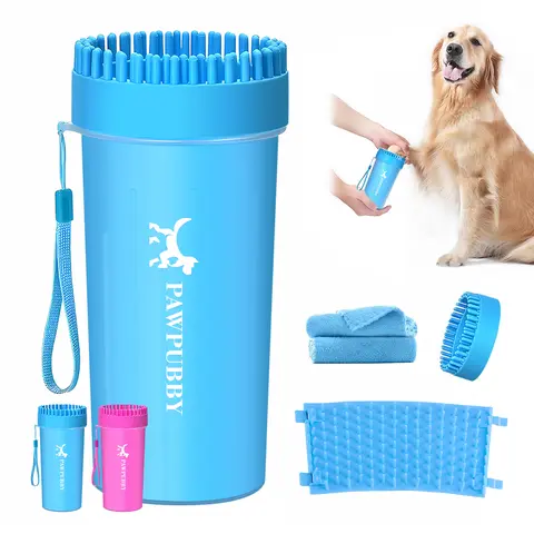 PAWPUBBY 2-in-1 Pocket-Size Dog Groomer Brush - Paw Trimmer, Silicone Rubber Bristles Paw Cleaner, Twist-Dry, Mud & Dirt Lift, Silicone Body Scrubber, Gentle Safe Universal Fit, Easy to Use, 6.69x4.4x4.4in, for Outdoor Walks, Hikes