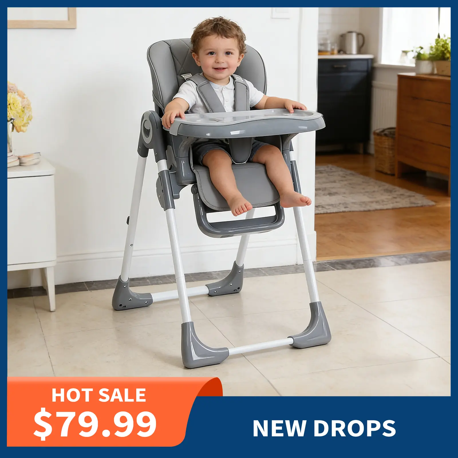 GARVEE High Chair for Babies and Toddlers, Modern, Foldable, and Portable Toddler Dining Chair with Adjustable Height, Reclining Seat, Easy-Clean PU Leather, and Removable Tray, Dark Grey, Infant High Chair