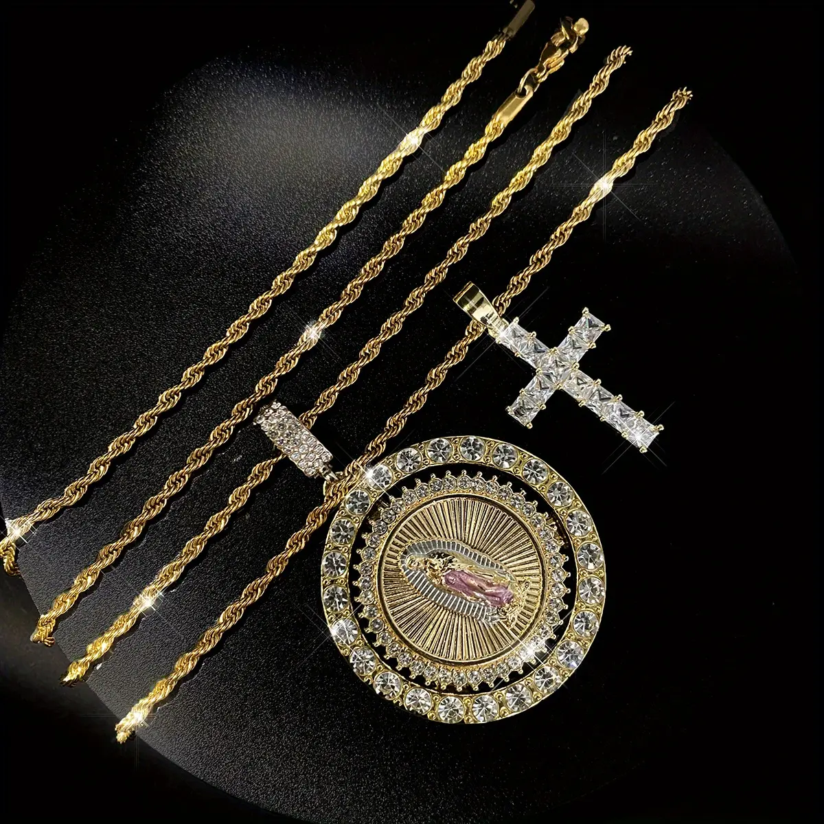 2Pcs Virgin Mary Cross Jewelry Set – Rotating Virgin Mary Pendant Necklace with Cross, Crystal Stone Inlay, Zinc Alloy Religious Symbol for Men Women, Valentine's Day Birthday Gift