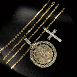 2Pcs Retro Hip-hop Jewelry Set, Virgin Mary Rotating Pendant Necklace with Cross, Inlaid with Crystal Stones, Zinc Alloy, Religious Symbol, Suitable for Men and Women, Valentine's Day and Birthday Gifts jewelry