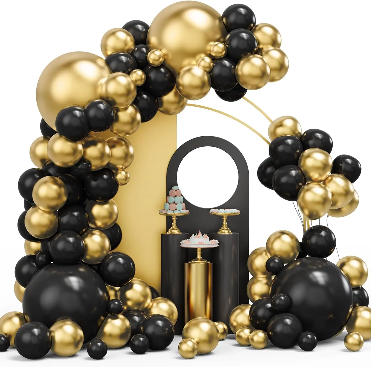 Multi-Size Round Black & Metallic Finish Balloons Garland Arch Kit, 134pcs for 2026 Graduation, New Year Party Decorations (Home & Festive Party Supplies)