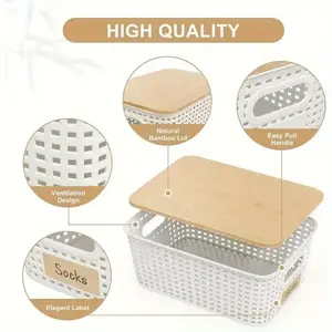 6-Pack Wicker-Style Storage Boxes with Bamboo Lids – Study & Makeup Organizer Set Black 6Pc