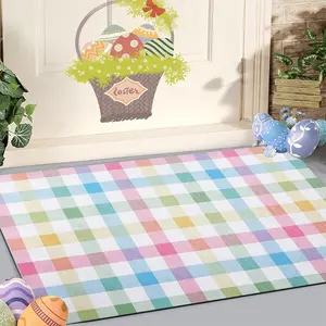 1pc Pastel Gingham Print Flannel Welcome Mat Non Slip Comfortable Easy Clean Indoor Doormat for Entrance Bedroom Living Room Home Decor Ideal for Easter Spring and Beyond Cozy Home Gift